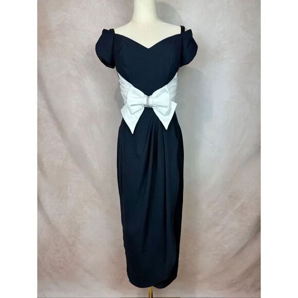 Vintage Dresses & Skirts - Vintage 1980s 1990s Black Bow Front Dress Off The Shoulder Chic Elegant S/M